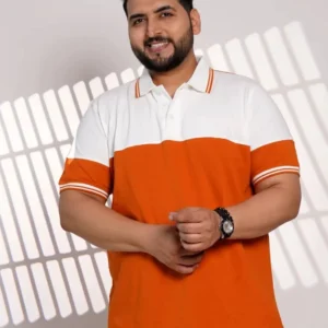 Plus Size Orange & White Color Block Polo T-Shirt for Men
