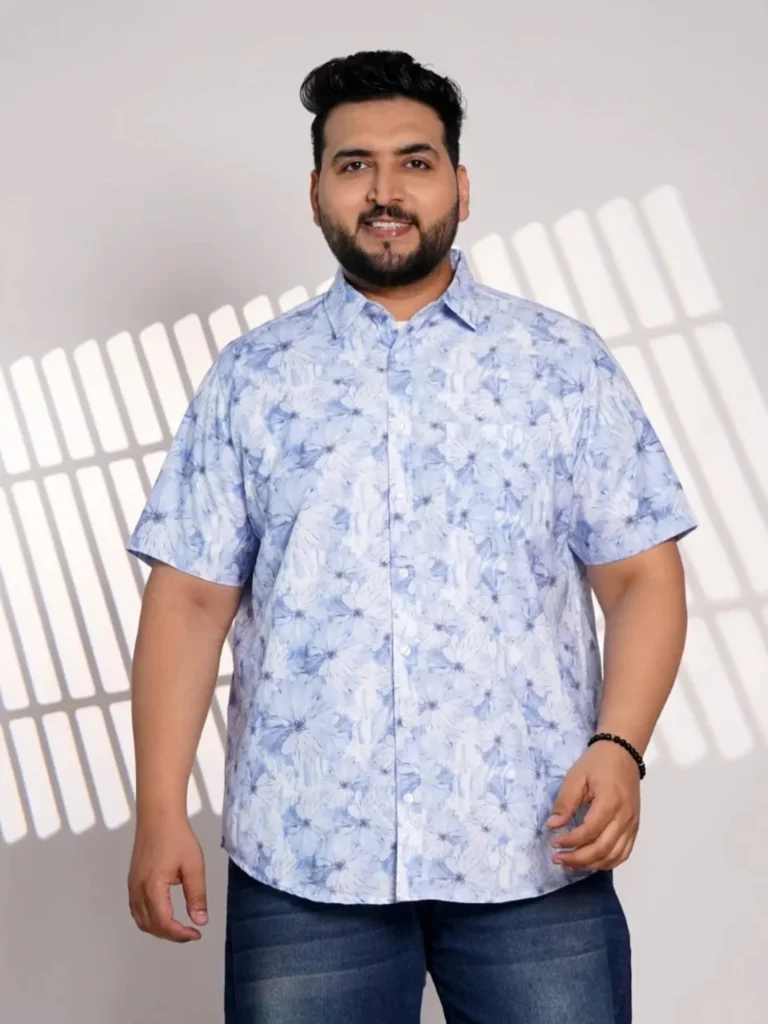 Plus Size Sky Blue Floral Printed Casual Shirt for Men
