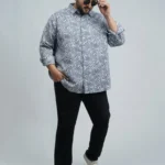 Grey & White Wave-Pattern Premium Printed Plus-Size Shirt