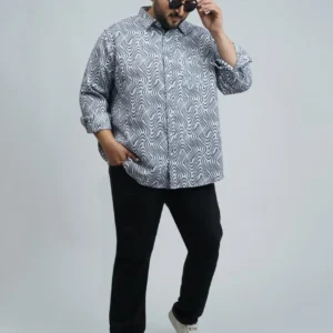 Grey & White Wave-Pattern Premium Printed Plus-Size Shirt