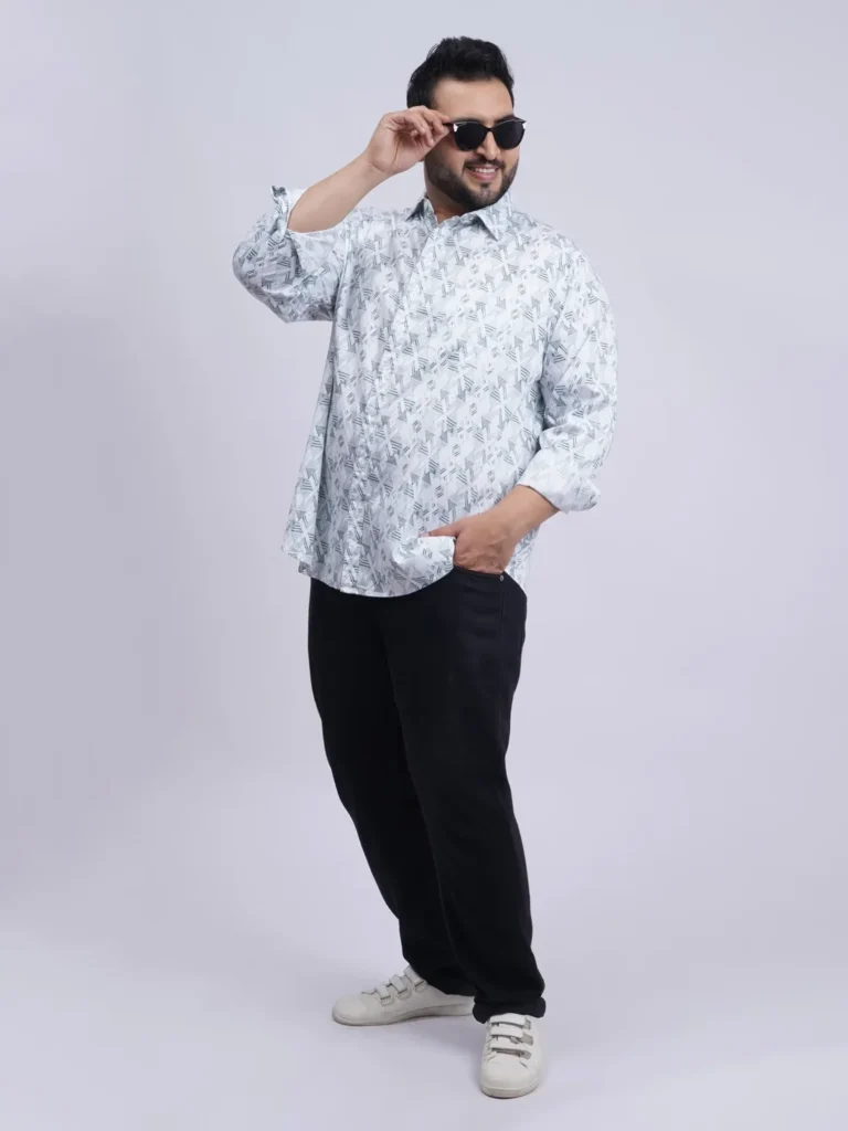 White & Grey Abstract Geometric Printed Plus-Size Shirt for Men (3XL–8XL)