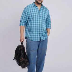 Plus Size Sky Blue Checked Casual Shirt for Men