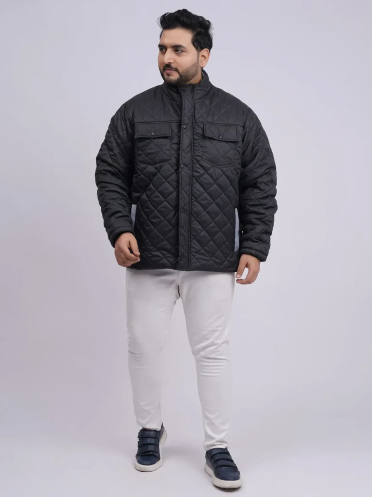 Men’s Plus Size Black Quilted Winter Jacket with Double Pockets