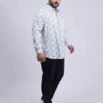 White & Grey Abstract Geometric Printed Plus-Size Shirt for Men (3XL–8XL)
