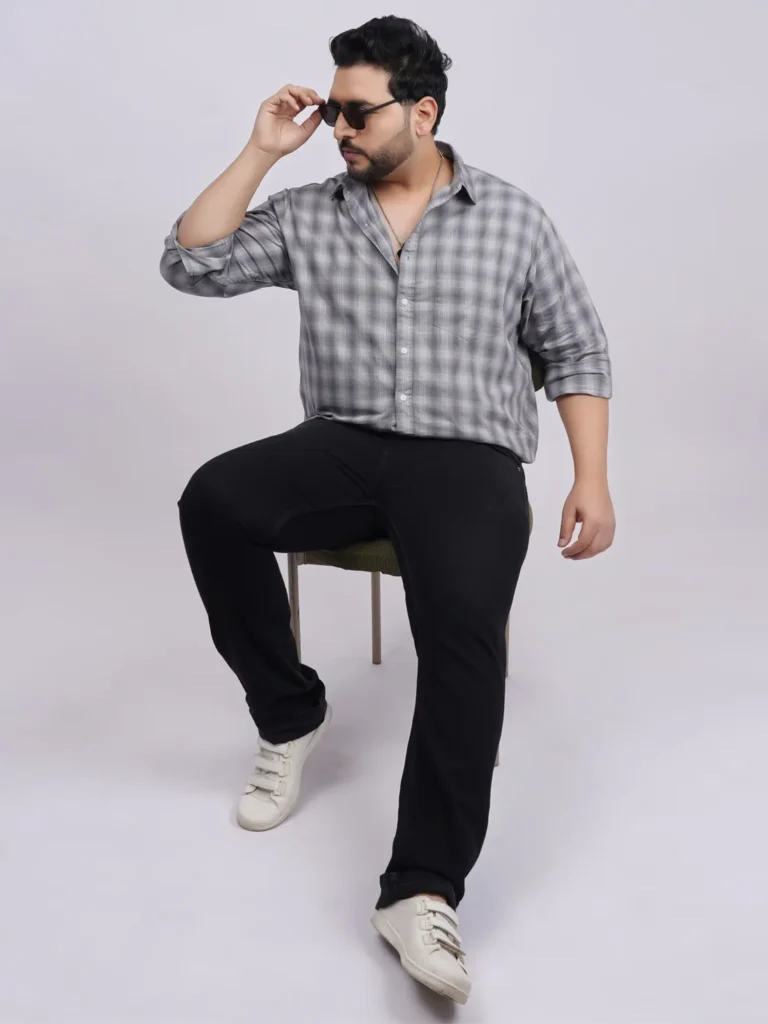 Plus Size Grey Checked Full Sleeve Shirt for