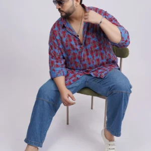 Plus Size Red & Blue Abstract Checkered Casual Shirt for Men