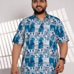 Plus Size Blue Printed Casual Shirt for Men