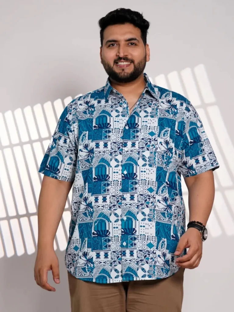 Plus Size Blue Printed Casual Shirt for Men