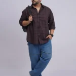 Plus Size Dark Brown Checked Casual Shirt for Men