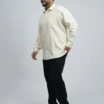 Soft Yellow Textured Leaf-Print Plus-Size Shirt for Men (3XL–4XL)