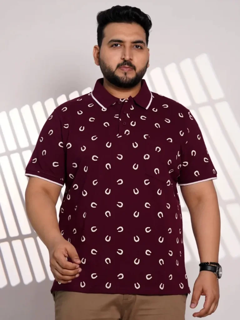Plus Size Maroon Printed Polo T-Shirt for Men