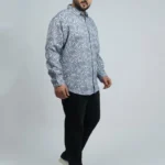 Grey & White Wave-Pattern Premium Printed Plus-Size Shirt