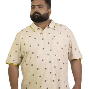 Beige Printed Polo T-Shirt with Contrast Yellow Piping (2XL–8XL)