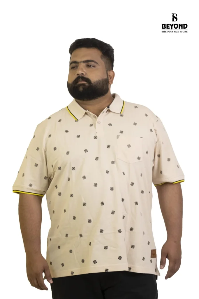 Beige Printed Polo T-Shirt with Contrast Yellow Piping (2XL–8XL)