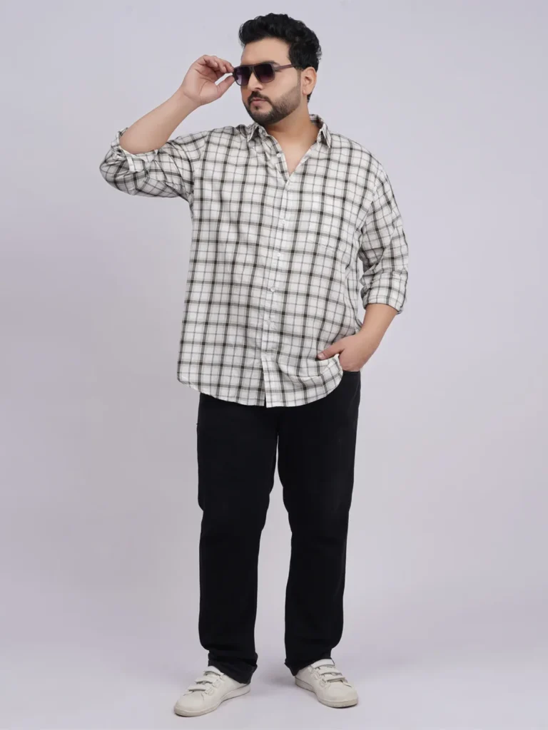 Plus Size White & Olive Checkered Casual Shirt for Men