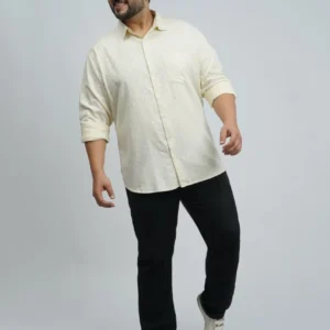 Soft Yellow Textured Leaf-Print Plus-Size Shirt for Men (3XL–4XL)