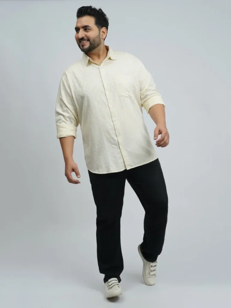 Soft Yellow Textured Leaf-Print Plus-Size Shirt for Men (3XL–4XL)