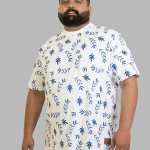 White Leaf Print Cotton T-Shirt – Effortless Comfort & Style for Plus-Size Men (2XL–8XL)