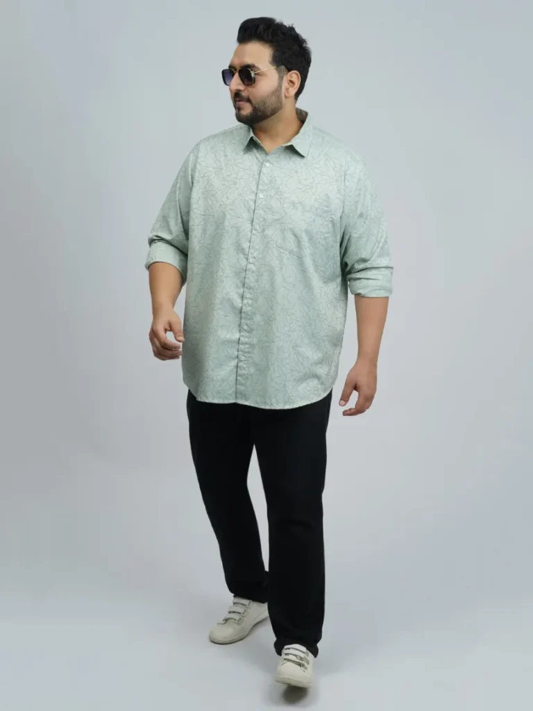 Mint Green Textured Floral Printed Plus-Size Shirt for Men