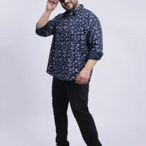 Navy Blue Floral Printed Plus-Size Shirt for Men (3XL–8XL)