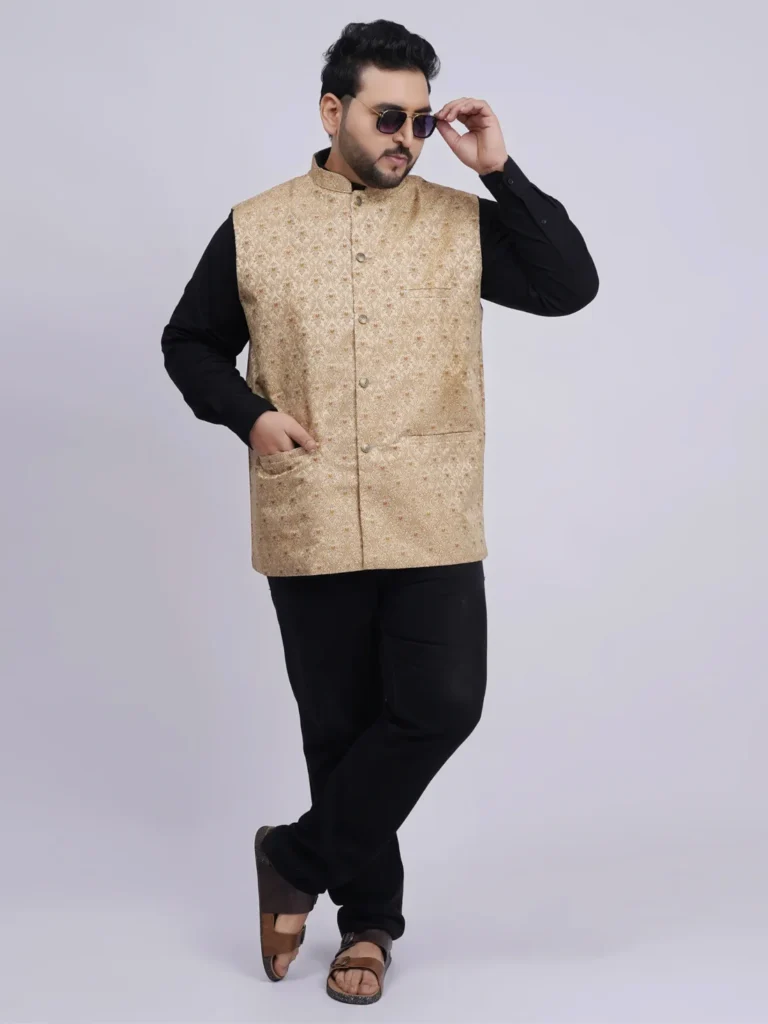 Plus Size Premium Beige Gold Jacquard Ethnic Waistcoat for Men