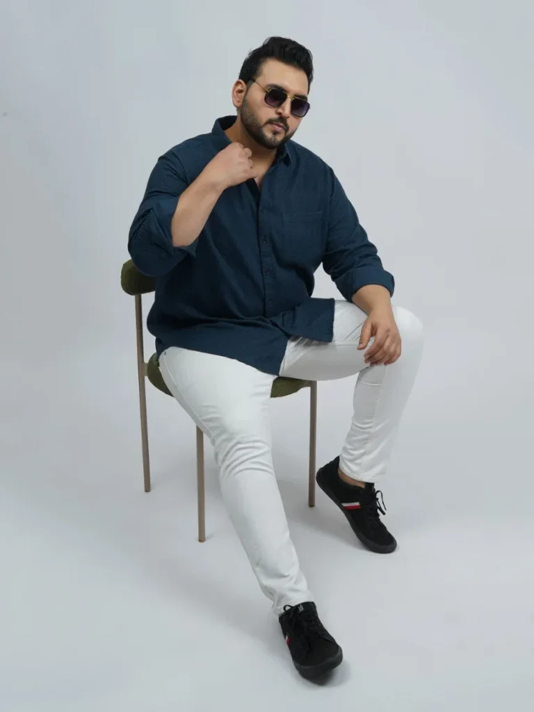 Navy Blue Premium Jacquard Textured Plus-Size Shirt for Men (3XL–8xl)