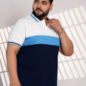 Plus Size Color Block Polo T-Shirt for Men – White, Sky Blue & Navy