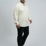Soft Yellow Textured Leaf-Print Plus-Size Shirt for Men (3XL–4XL)