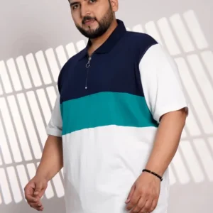 Plus Size Navy Blue & Teal Color Block Zip Polo T-Shirt for Men